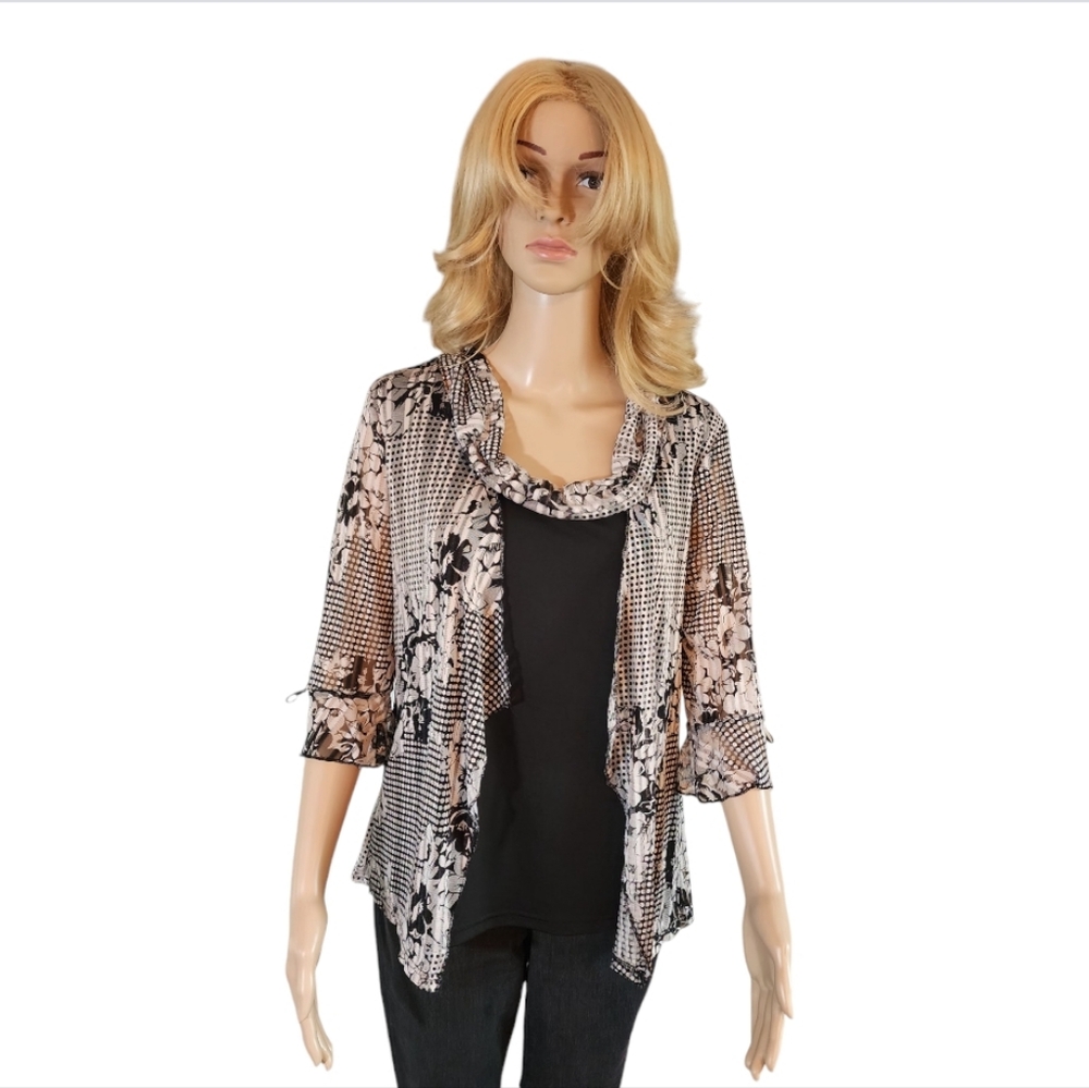 Emotions black white floral tunic, shawl collar, size L